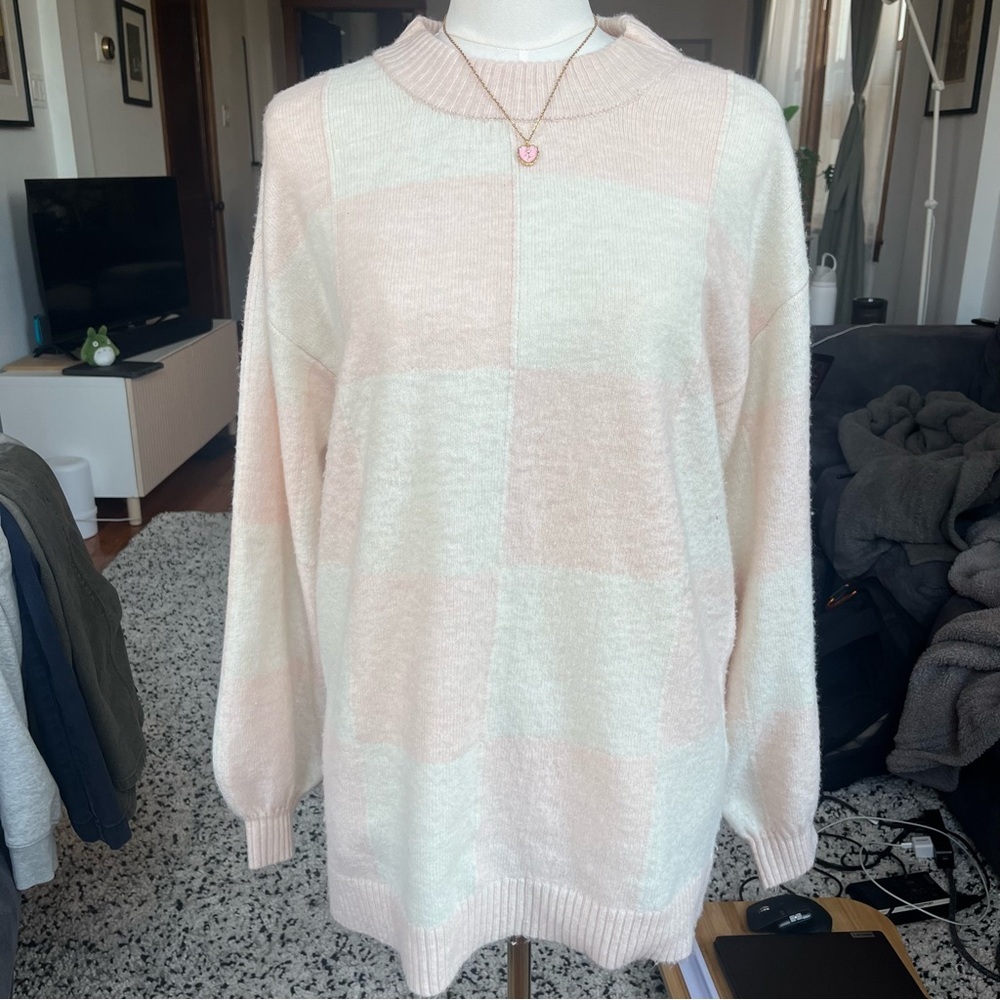 pink and white checkered sweater